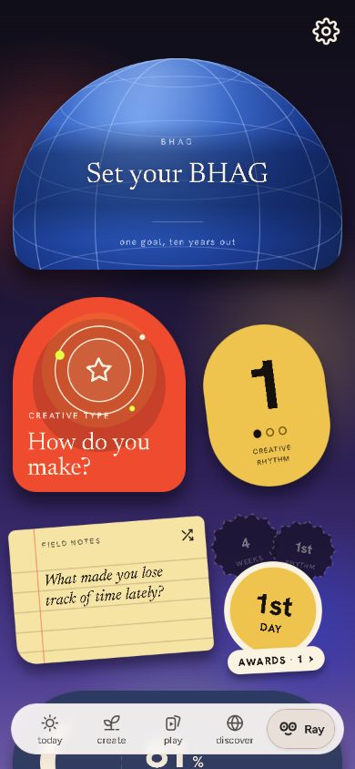 The real Me area in Creaocity with BHAG, Creative Type, Creative Rhythm and Field Notes.