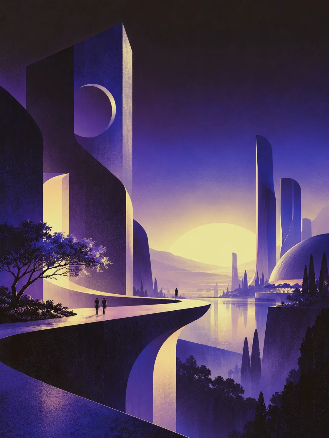 An optimistic future city connected by a path toward a bright horizon.